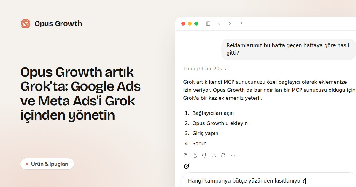 Opus Growth artık Grok'ta: Google Ads ve Meta Ads'i Grok içinden yönetin